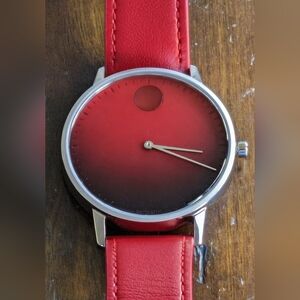 Movado Face 41mm Red Dial Stainless Steel Watch Leather Strap, Swiss